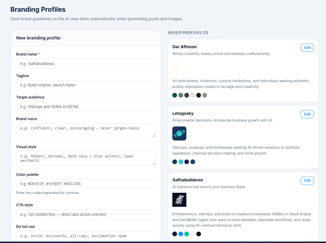 AI Marketing Scheduler branding profiles