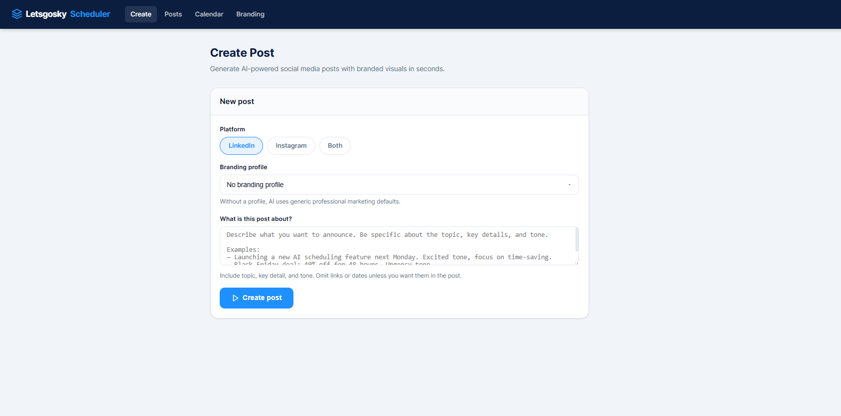 AI Marketing Scheduler create post screen